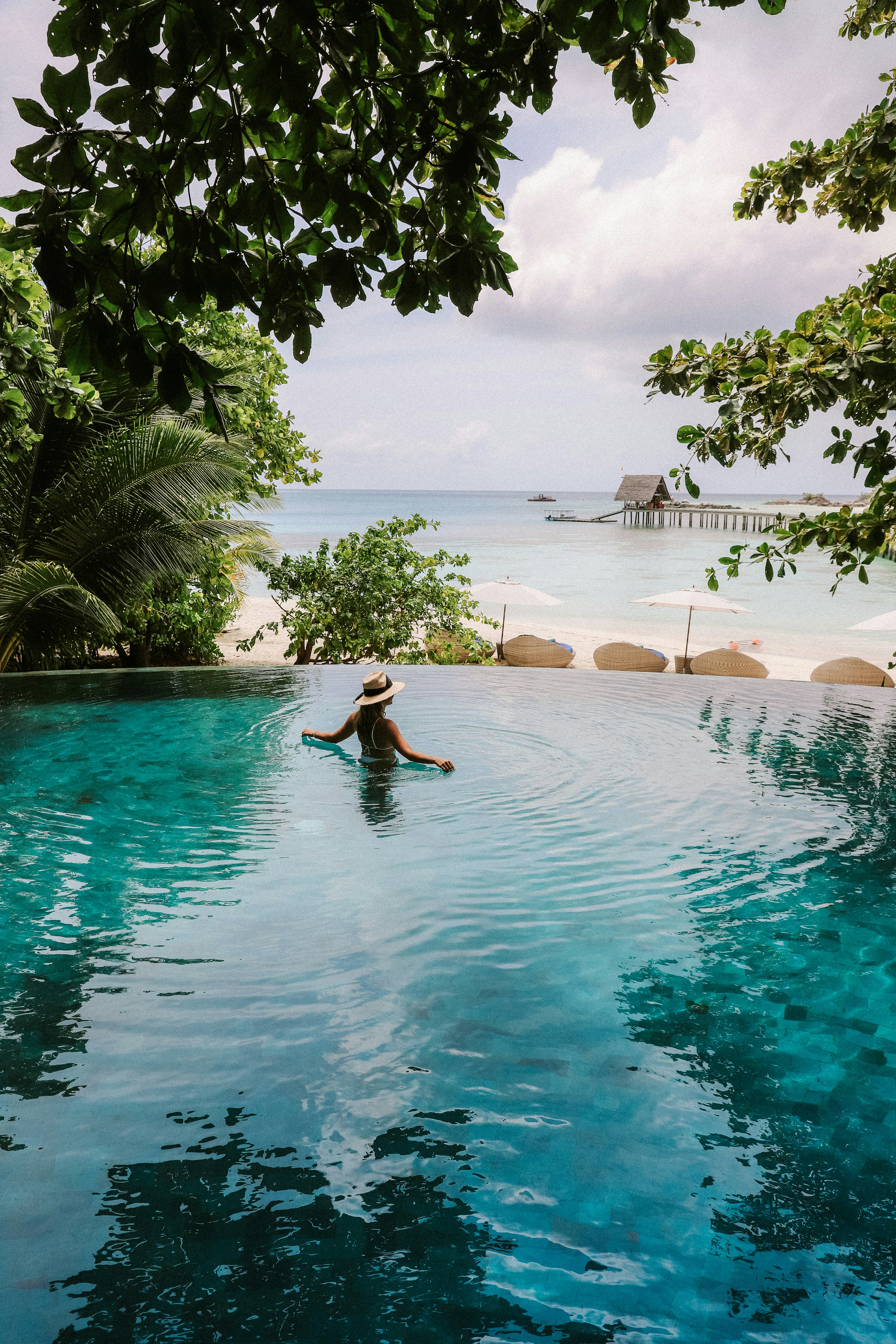 Infinity pool framed by tropical leaves